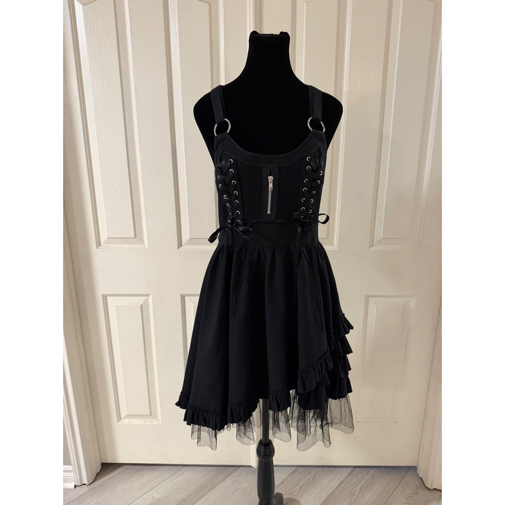Hell Bunny Black Gothic Corset Ruffle Mini Dress Lace Up Asymmetrical Hem M